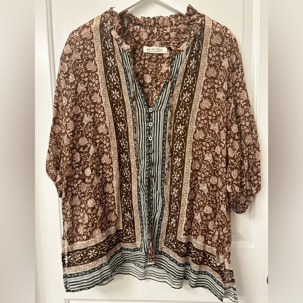 Free People Brown and Cream Floral Blouse EX guc M
